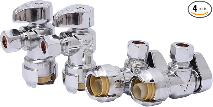 SharkBite 1/2 x 3/8 Inch Compression Angle Stop Valve, Pack of 4, Quarter Turn, Push to Connect Brass Plumbing Fitting, PEX Pipe, Copper, CPVC, PE-RT, HDPE, 23036LFA4