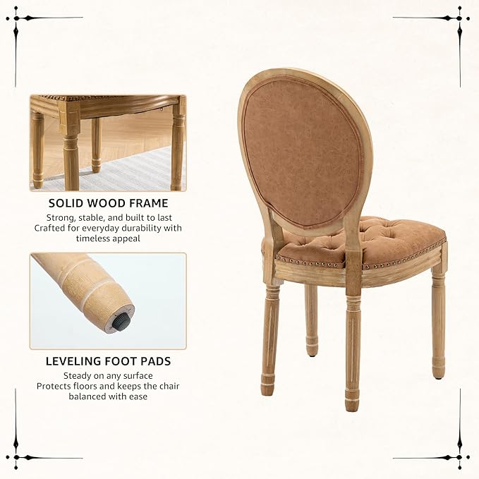 Vintage French Dining Chairs Set of 4, Round Back PU Leather Upholstered Accent Chairs with Nailhead Trim and Solid Wood Frame, Farmhouse Sillas de Comedor for Dining Room & Kitchen, Whiskey Brown