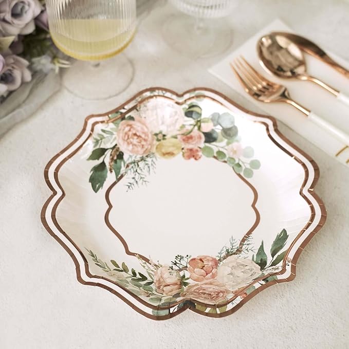 50 Pack 8" White/Rose Gold Floral Print Scallop Rim Dessert Plates, Disposable Round Paper Appetizer Salad Plates 300 GSM for Party Decoration