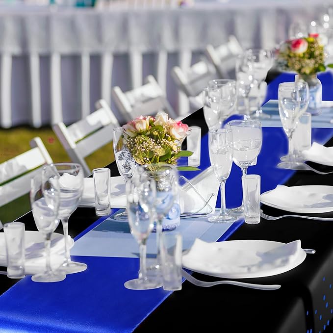 Breling 8 Pack Black and Blue Disposable Plastic Tablecloths and Satin Table Runner Set, 54 x 108 Inch Tablecloth, 12 x 108 Inch Table Runners for Wedding Graduation Birthday Baby Shower New Year