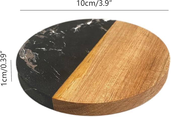 I-LAN Set of 4 Round 4x4 Inch Natural Wood & Marble Drink Coasters – for Coffee, Tea, Beer & Bar Glasses – Living Room, Dining, Bar Table Coasters