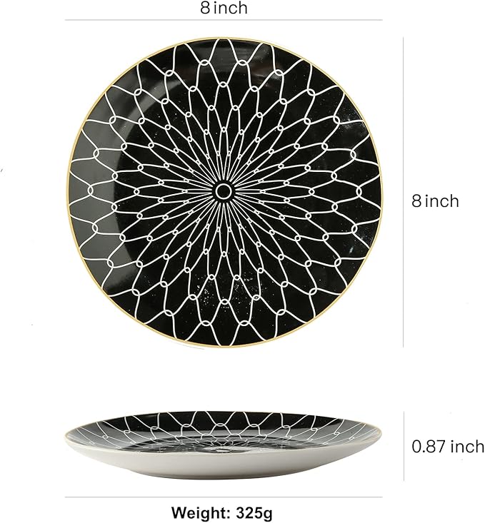 8 Inch Set of 4 Assorted Designs, Porcelain Plates With Patterns,Black Ceramic Dessert Plates, Dishware with Golden Rim for Sandwiches Salad Pasta, Microwave Oven Dishwasher Safe (A)