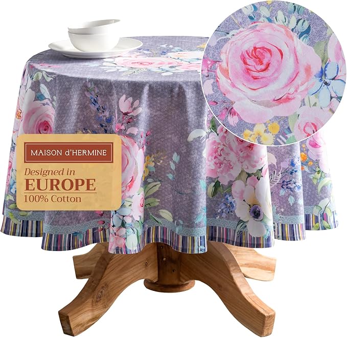 Maison d' Hermine Table Cloth Round Table 100% Cotton 63 Round Inches Tablecloth Reusable Decorative for Dining Room Farmhouse Home Valentines Day Decorations Spring Summer- Sweet Rose Lavender - Lush