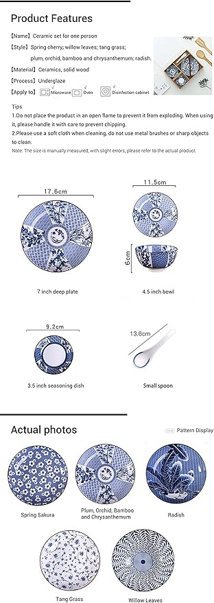 Gegong Blue and White Porcelain Dinnerware Set, Dishes, Bowl, Spoon, Chopsticks, Service for 1, Colorful Glazed Ceramic Set, Gift Box Packaging (Plum, Orchid, Bamboo and Chrysanthemum)