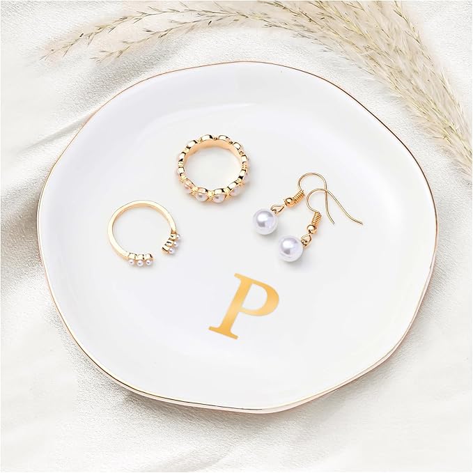 ProCase Ceramic Jewelry Tray, Initial Ring Dish Trinket Plate Engagement Gift, Small Personalized Monogram Ring Bowl for Wedding, White Decorative Jewelry Holder for Women Vanity -Letter P