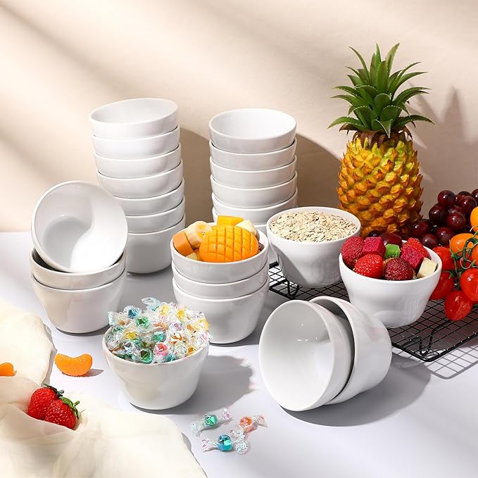 Suclain 24 Pack 8 oz Porcelain Bowls Set Porcelain Bouillon Cups Small Dessert Bowls Soup and Dip Bowls for Ice Cream Dessert Sauce Dipping Salads Cereal Rice, Microwave and Dishwasher Safe, White