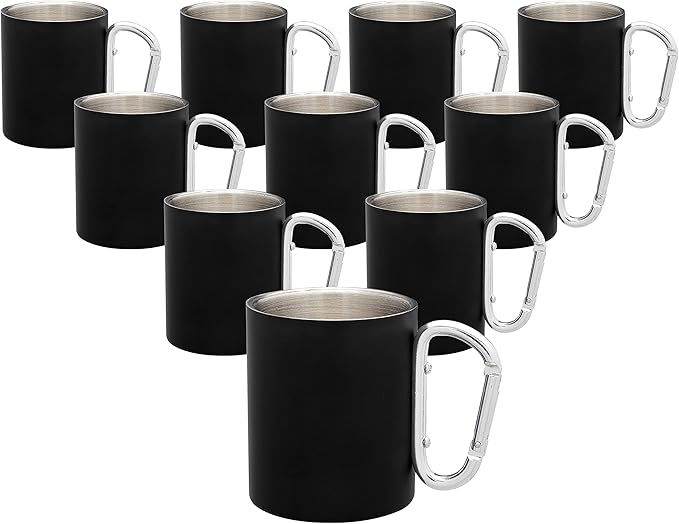 DISCOUNT PROMOS Stainless Steel Mugs with Carabiner Handle 10 oz. Set of 10, Bulk Pack - Perfect for Coffee, Soda, Other Hot & Cold Beverages - Black