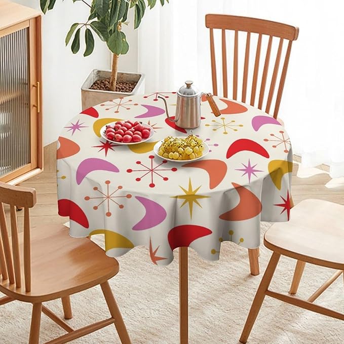 Mid Century Modern Round Tablecloth, Vintage Abstract Colorful Geometrics Modern Art Tablecloth for Home Party Dining Room Kitchen Decor 50Inch(127cm)