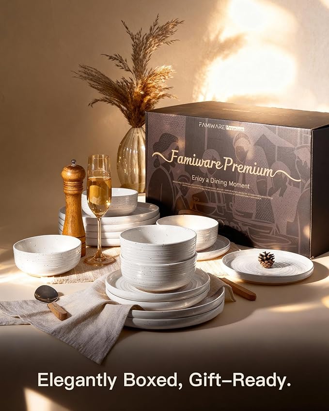 Stoneware Dinnerware Set, Highly Chip and Scratch Resistant Everyday Plates and Bowls for 8 (24pcs), Reactive Glaze Speckled Ceramic Flared Dishes with Gift Box, Microwave Dishwasher Safe, White