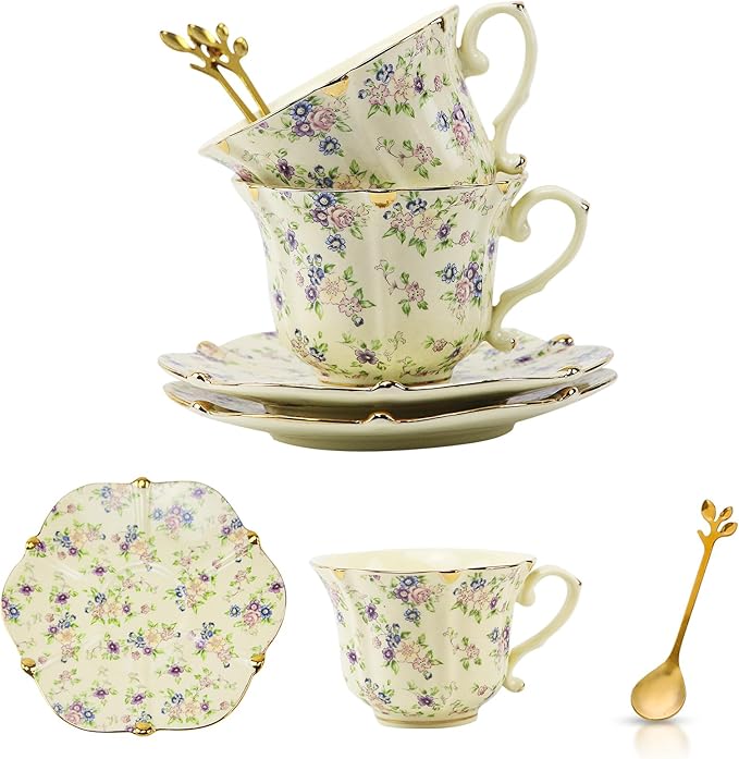 TATSUMI Country Roses Bone China Tea Cup and Saucer Set, 6 Pieces, Vintage Style by TATSUMI