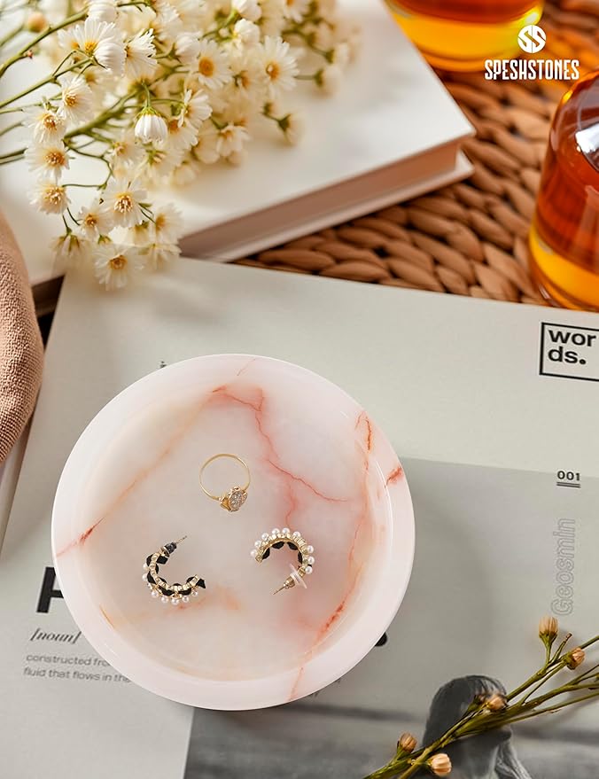 Marble Jewelry Dish for Women 5 Inch Handmade White Onyx Stone Holder for Ring & Necklace - Decorative Trinket Tray, Key Bowl & Candle Plate for Vanity Decor Accessories & Gifts
