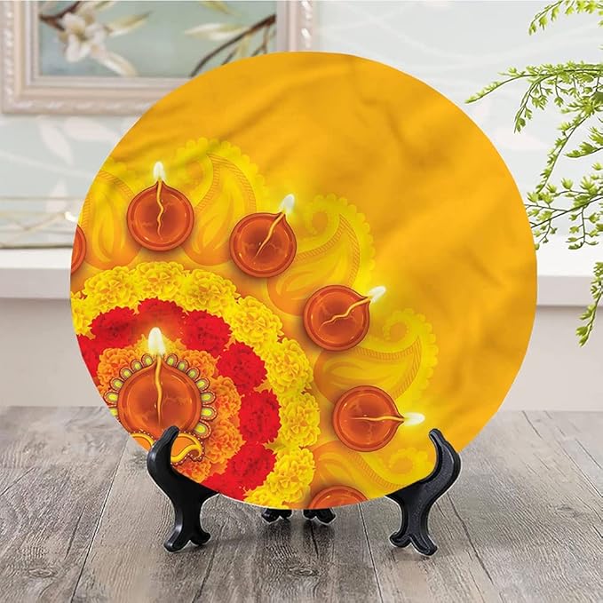 Ceramic Display Plate, Diwali Ceramic Hanging Decorative Plate, Flowers Diwali Festive, 8 Inch, Household Custom Ceramic Plate, Multicolor