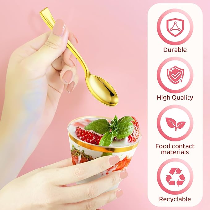 Jinei 50 Sets 9 oz Plastic Dessert Cups with Dome Lids Spoons Gold Rimmed Clear Disposable Plastic Fruit Cups with Lids for Yogurt Parfait Pudding Cupcake Ice Cream Party Wedding Reception