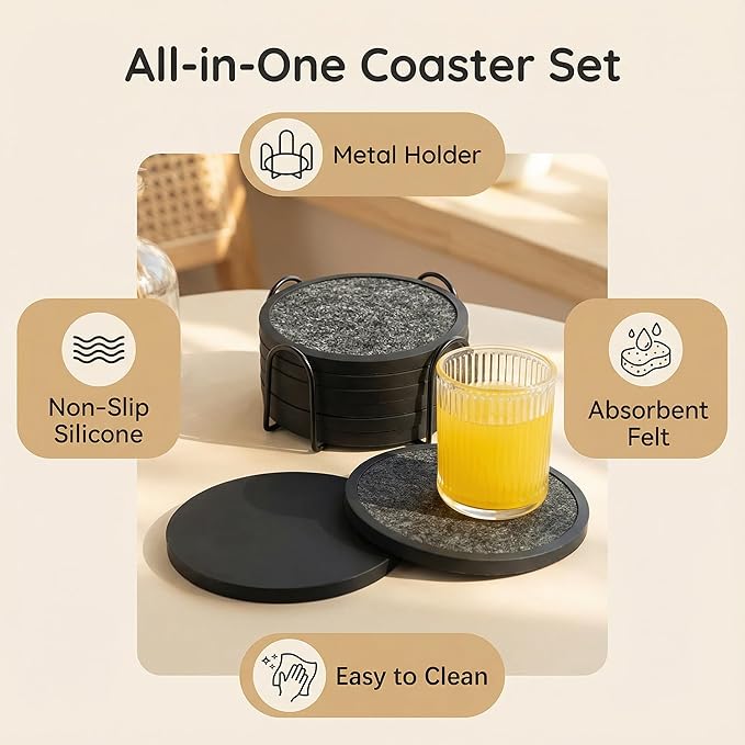 Absorbent Coasters for Drinks with Holder - 6packs, Silicone Coaster with Soft Felt Insert (4.3 inch Coasters with 4.5 inch Holder, Black and White)