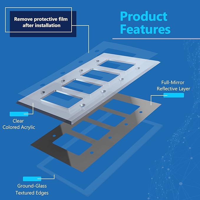 LIDER Reflective Acrylic Decorator Wall Plate, Mirrored Light Switch Plate, Plexiglass Outlet Cover, Acrylic Glass, Oversized 4-Gang 5.25" x 8.88", LWP-34O-ASV, Silver