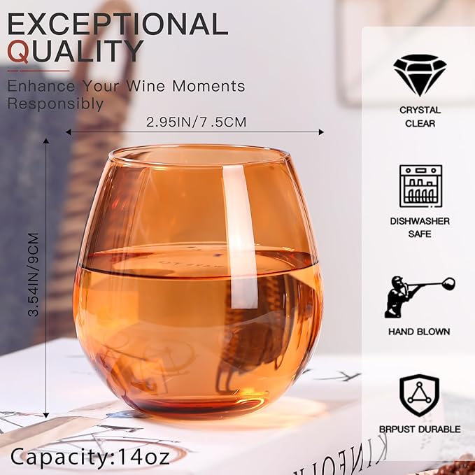 Brown Stemless Wine Glasses Set of 6-15 oz -Modern Hand-Blown Wine Glasses, European Design Crystal Glass For Red & White Wine, Unique Gifts for Wedding, Birthday