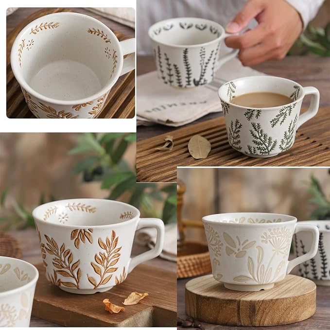 12 Ounce Ceramic Mug Set of 3 Embossed Leaf Ceramic Coffee Mugs, Vintage - Image 7