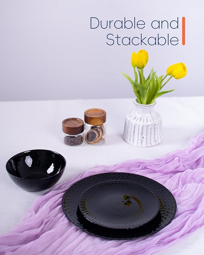 Dinnerware Sets for 4, Light & Durable 12 Pieces Opal Glass Plates and Bowls Set, Dishwasher and Microwave Safe Dish Dinning Ware, Thin but Strong Geometric Faceted Black