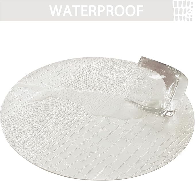 Jovono Round Leather Placemats for Round Tables Set of 8, White Place Mats and Coasters, Wipeable Waterproof Heat Resistant Table Mats Easy to Care for Indoor Decor 14 inch Diameter