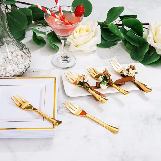WDF 200PCS Gold Plastic Dessert Plates with Plastic Forks -6” 100 Square Disposable Appetizer Plates Small Plate Cake Plate &100 Gold Small Appetizer Forks for Daily Using Thanksgiving