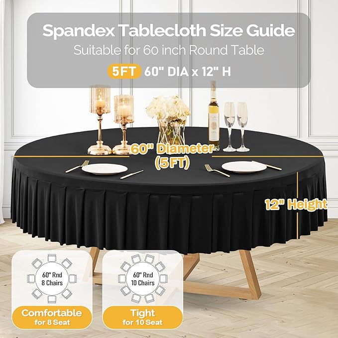 4 Pack Black Spandex Round Tablecloths for 60 Inch Tables, Stretchy Fitted 5FT Cloths, Wrinkle-Free Cover With Skirt for Wedding Party Dining Banquet