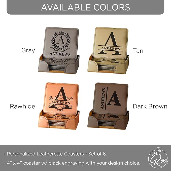 Personalized Leatherette Coasters - Set of 6 Engraved Name Monogram Coasters with Holder - Custom Gifts for Men - Personalized Bar Coasters for Him - Personalized Birthday