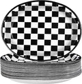 Grencian 50Pcs Black & White Gingham Oval Paper Plates Checkered Party Plates 10" X 12" Disposable 400GSM Race Car Dessert Dinnerware for Racing Car Party Supplies Birthday Baby Shower Decorations