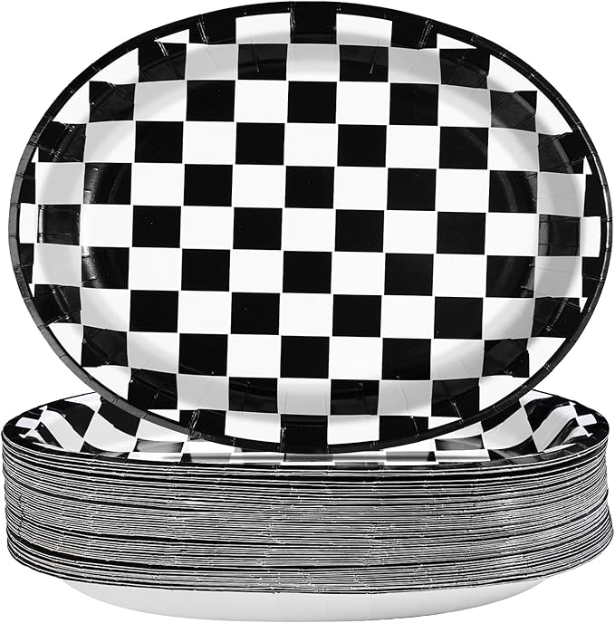 Grencian 50Pcs Black & White Gingham Oval Paper Plates Checkered Party Plates 10" X 12" Disposable 400GSM Race Car Dessert Dinnerware for Racing Car Party Supplies Birthday Baby Shower Decorations