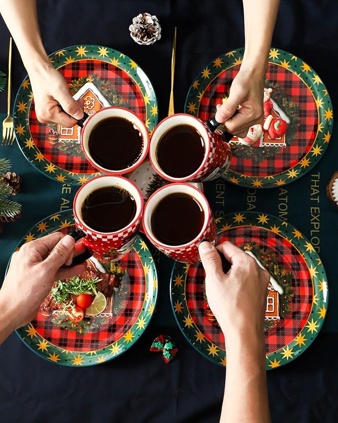 HASENSE Christmas Dinner Plates, 10.5 Inch Ceramic Plates Set of 6, Dinnerware Dish for Kitchen for Steak, Pasta, Pizza, Serving Plate Microwave, Oven and Dishwasher Safe, Holiday Dining Collection