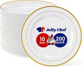 JOLLY CHEF 200 Pieces Gold Plastic Plates, 10 Inch Elegan Disposable Plates White Plate with Gold Rim,Plastic Plates for Christmas、Birthdays and Weddings
