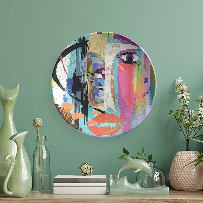 Ceramic Plates, Abstract Decorative Ceramic Plates, Woman Face Art Paint Strokes and Splashes Eye Red Lips Grungy, 6 Inch, for Dining, Parties, Wedding, Multicolor