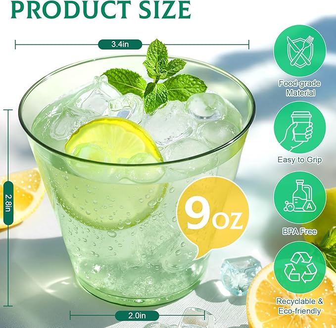 Glowserve 9 OZ Green Disposable Plastic Cups Cocktail Cup 50 Pack | Fancy - Image 2