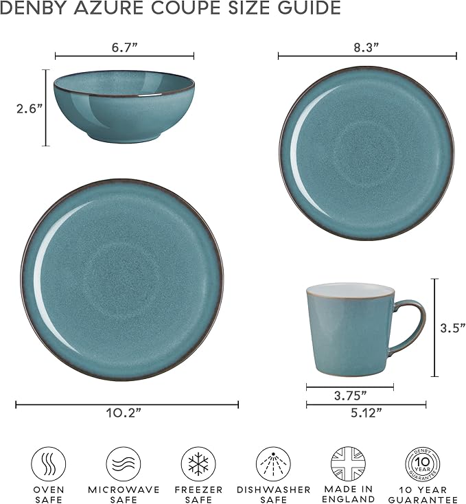 Denby - Azure Coupe Medium Plate - 8.25in Single Dinner, Lunch, Salad Plates For Everyday Use - Blue Ceramic Stoneware Tableware - Dishwasher & Microwave Safe - Scratch & Chip Resistant