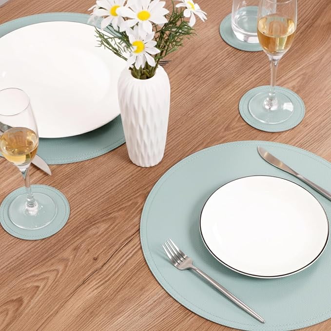 Set of 8 Faux Leather Round Placemats and Coasters, Coffee Mats Kitchen Table Mats, Waterproof, Easy to Clean for Kitchen Dining Round Table