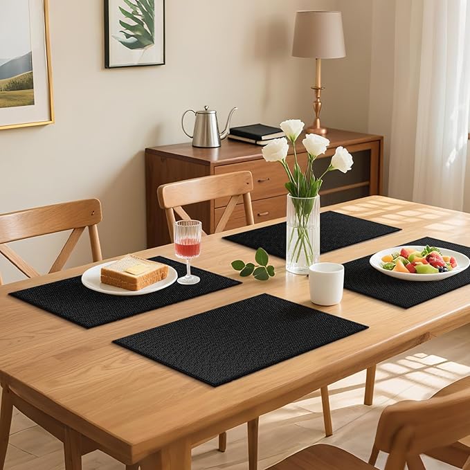 Blue Forest Placemats Set of 6, Dual-Layered Thickened Faux Linen Table Mats Heat Resistant Machine Washable Wrinkle Free Place Mats for Kitchen Dining Outdoor/Indoor (Black)