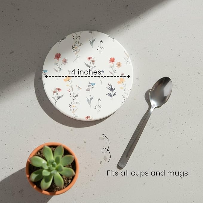 Ceramic Absorbent Coasters Set of 6 with Holder, Marble Drink Coasters for Coffee Table, Water-Absorbing Stone Coasters (Flowers Floral Design)