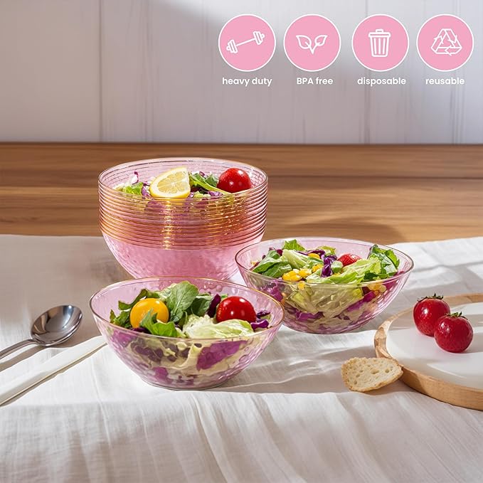 Rubtlamp 30 Pack Clear Pink Disposable Bowls, Clear Plastic Bowls with Gold Rim, 12-16oz Premium Heavy Duty Plastic Dinner Bowls for Party, Wedding and Holiday
