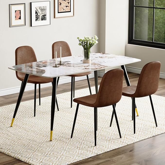 Table and Chairs Set of 4, Dining Room Table Set for 4, Sintered Stone Kitchen Table Top and Modern Chairs Set of 4 for Kitchen Dining Room
