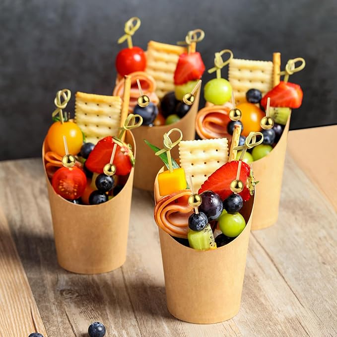 50 Pcs Charcuterie Cups with Skewers, 12 Oz Paper Snack Appetizer Cups with Cocktail Picks, French Fry Holder Brown Kraft , Disposable Popcorn Boxes Cones, Party Board Favor(50 ConeCups + 200 Sticks)