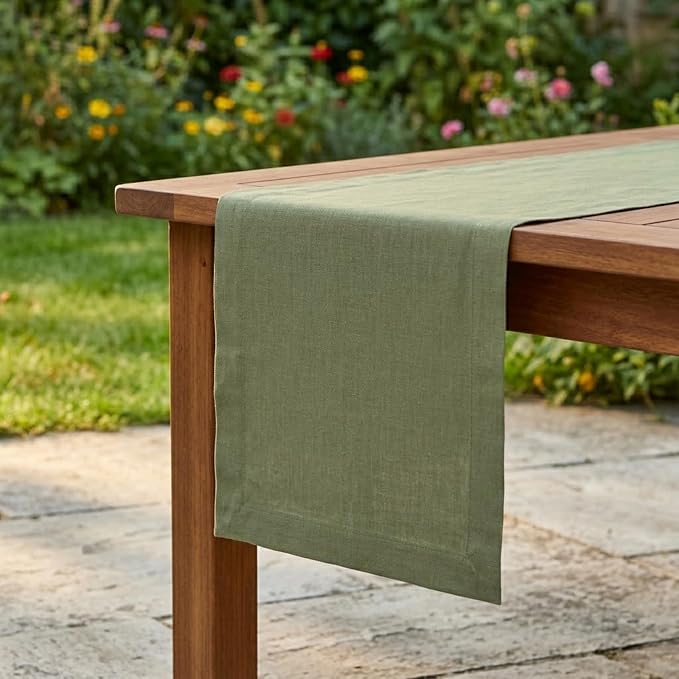 Solino Home 100% Pure Linen Table Runner Oil Green Long, Fete 14 x 120 in | by SolinoHome