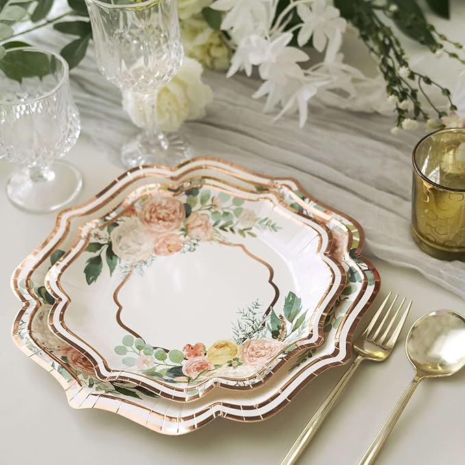 50 Pack 10" White/Rose Gold Floral Print Scallop Rim Dinner Plates, Disposable Round Paper Party Plates 300 GSM for Festive Table Decoration