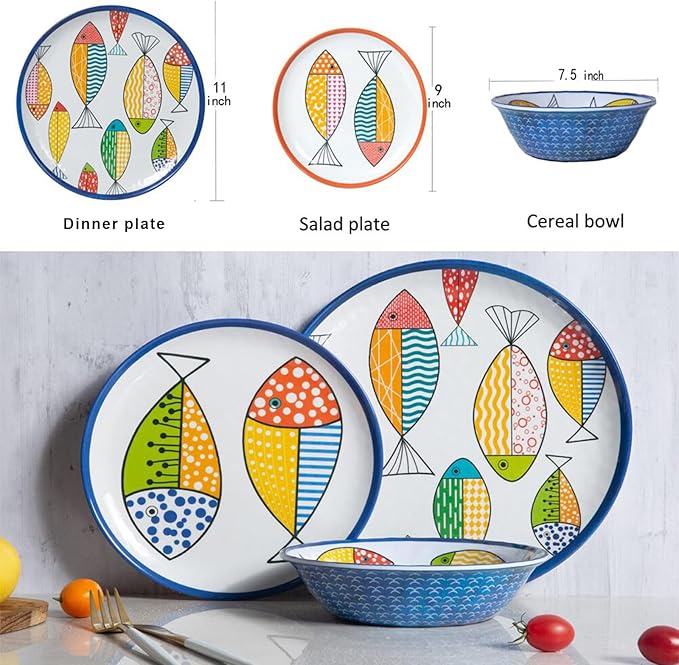 Melamine Dinnerware set for 4, Plates and Bowls Sets, Great for Camper, RV, Indoors Outdoors Use with Ocean Printed, Unbreakable