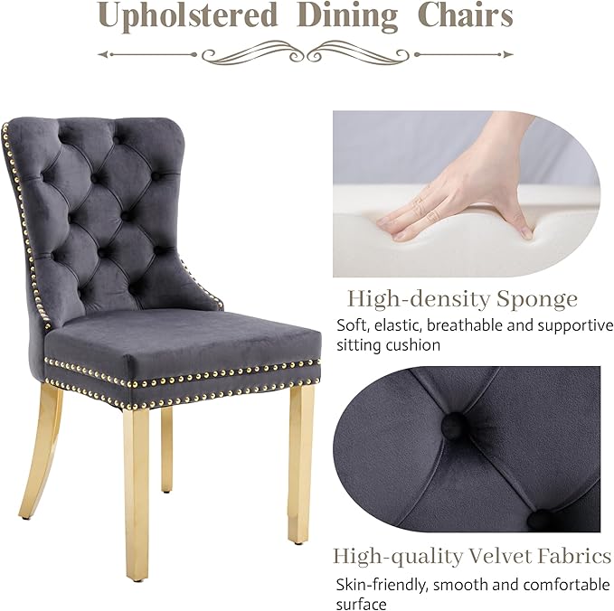 KCC Velvet Dining Chairs Set of 4, Upholstered High-end Tufted Dining Chair with Nailhead Back Ring Pull Trim Stainless Steel Legs, Contemporary Nikki Collection Modern Style for Kitchen, Dark Gray