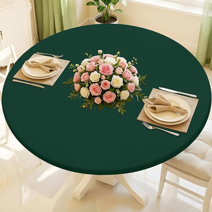 Round Spandex Tablecloth, Elastic Fitted Waterproof Tablecloths for 42"-50" Tables, Stretch Washable Picnic Table Cover for Camping, Dining, Indoor and Outdoor, Hunter Green