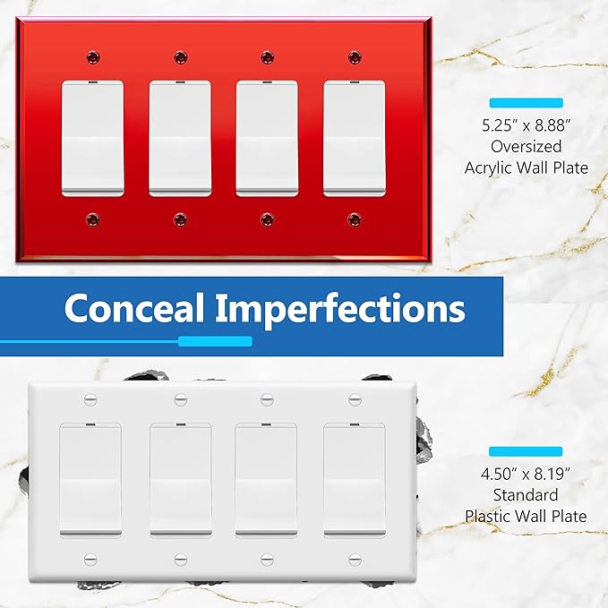 LIDER Reflective Acrylic Decorator Wall Plate, Mirrored Light Switch Plate, Plexiglass Outlet Cover, Acrylic Glass, Oversized 4-Gang 5.25" x 8.88", LWP-34O-ARD, Red