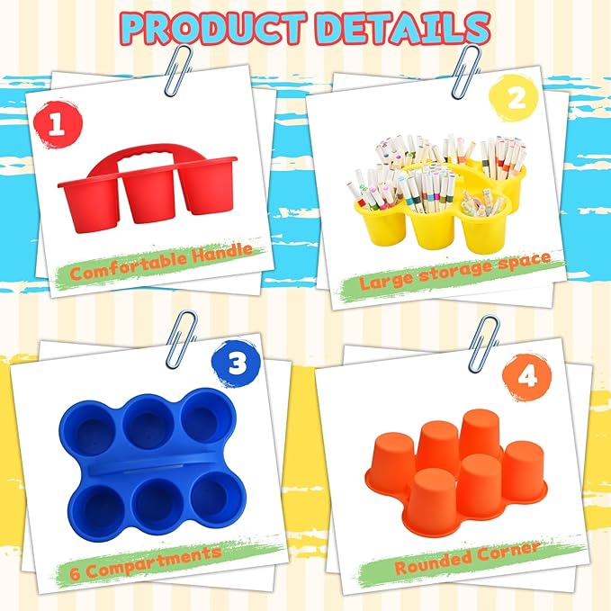 Haundry 6 Pack Classroom Caddy Storage Basket with Handle, Plastic Drink Cup Caddy Holder, 6 Compartments for Kids, Table, Office, Arts, Crafts, Crayon, Marker, Pencil, School Supplies