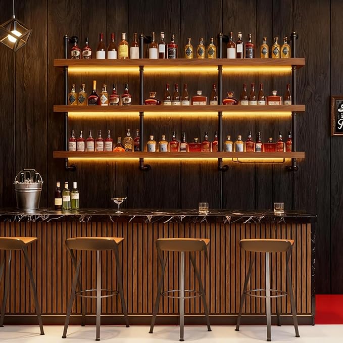 Large Wine Rack with LED Light Solid Wood Wall Mounted Wine Rack, 3-Tiers Liquor Bottles Floating Shelves Display Storage Organizer for Home Bar & Dining Room (120cm/47.2in)