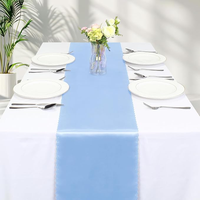 VACVELT Light Blue Satin Table Runners, 12x72 Inch, 2 Pack, Scalloped Edge | - Image 8