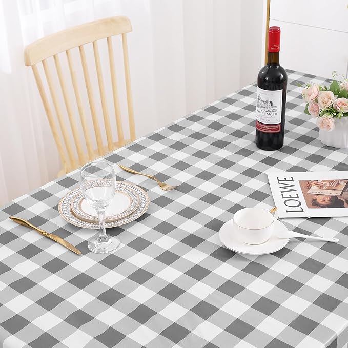 misaya Rectangle Waterproof Vinyl Table Cloth, Buffalo Flannel Backed Tablecloth, Wipeable Plastic Table Cover for Dinner, Kitchen, Outdoor (52" x 70", Grey and White)