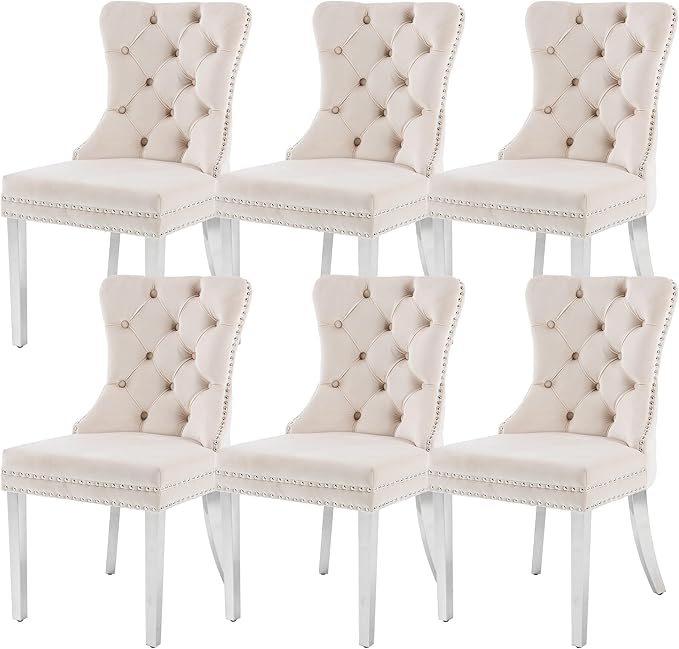 KCC Velvet Dining Chairs Set of 6, Upholstered High-end Tufted Dining Room Chair with Nailhead Back Ring Pull Trim Stainless Steel Legs, Contemporary Nikki Collection Modern Style for Kitchen, Beige